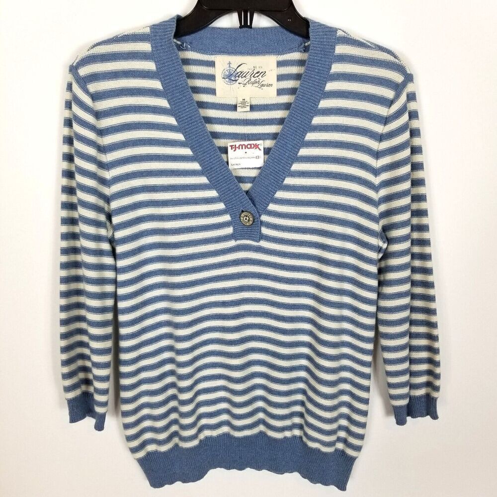 Lauren Ralph Lauren Womens Cotton 3/4 Sleeve  Sweater Size M Navy/ White Striped
